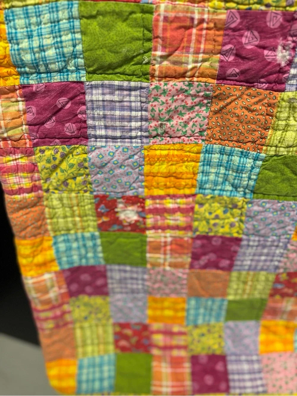 Vintage hand sewn colorful patchwork quilt postage stamp squares 84x84